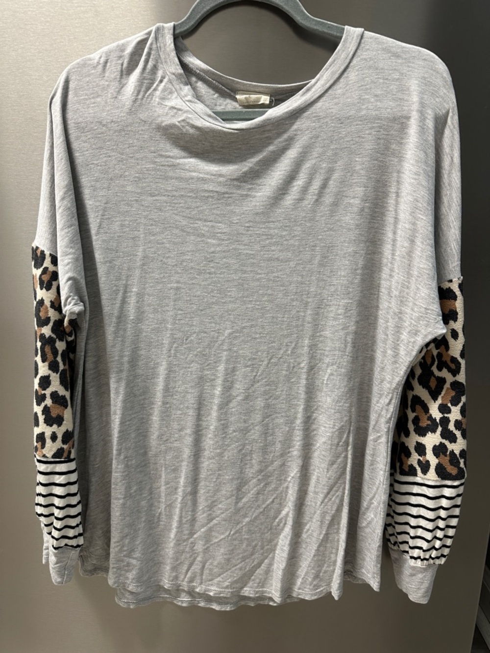 Lovely Melody Gray Long-Sleeve Top with Leopard & Black-White Stripe Sleeves